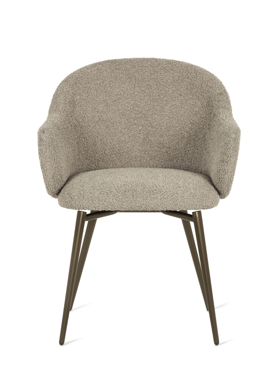 Μπροστινή όψη καρέκλας με μπράτσα Holly Fab Calligaris σε μπεζ μπουκλέ ύφασμα με μπρονζέ μεταλλικό περιστρεφόμενο πόδι 180° - Adamopoulos Casa Ideale, Αθήνα