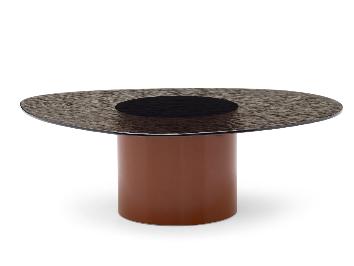Τραπεζάκι σαλονιού Calligaris Mushroom C ψηλό με γυαλί σαγρέ και terracotta λακαριστή βάση, λευκό φόντο — Adamopoulos Casa Ideale, επίσημος αντιπρόσωπος Calligaris στην Ελλάδα