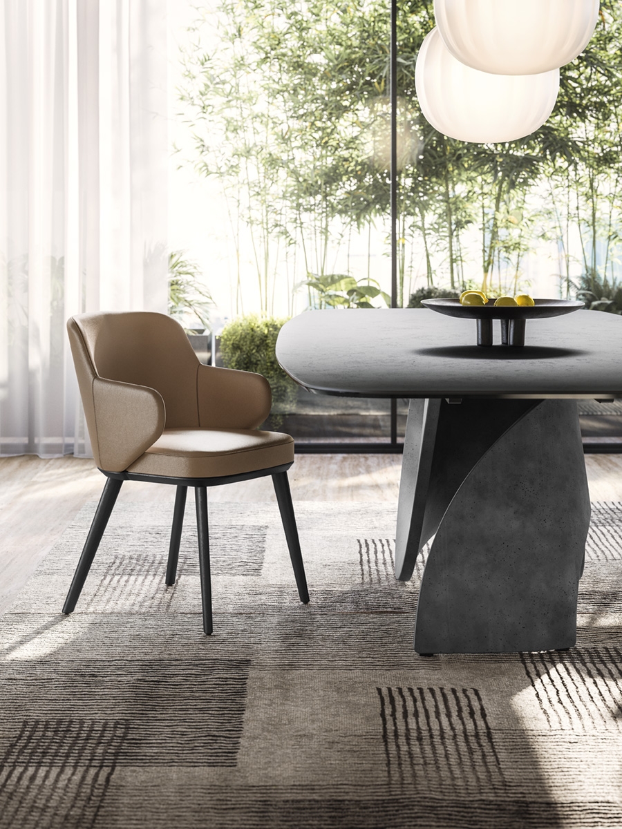  Χαλί Zen Calligaris σε beige με ανθρακί, σε τραπεζαρία με μαύρο τραπέζι με σκούρα τσιμεντένια βάση και ταμπά υφασμάτινη καρέκλα, Adamopoulos Casa Ideale, επίσημος αντιπρόσωπος Calligaris στην Ελλάδα