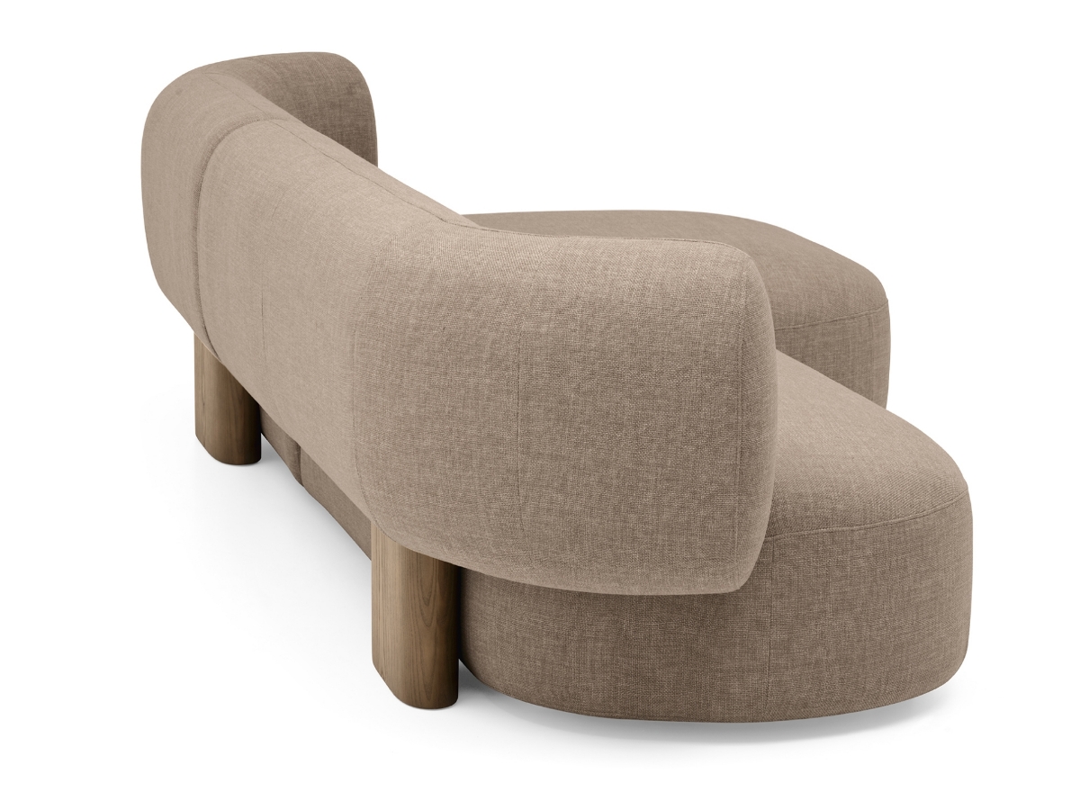 Καναπές Calligaris Glen σε μπεζ-γκρι ύφασμα, πίσω όψη με διακοσμητικά ξύλινα πόδια