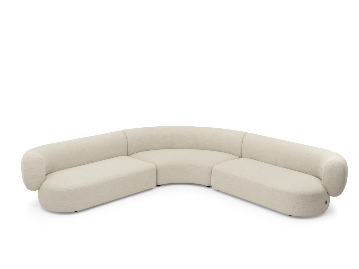 Γωνιακός καμπυλωτός καναπές Calligaris Glen σε εκρού ύφασμα, μπροστινή όψη