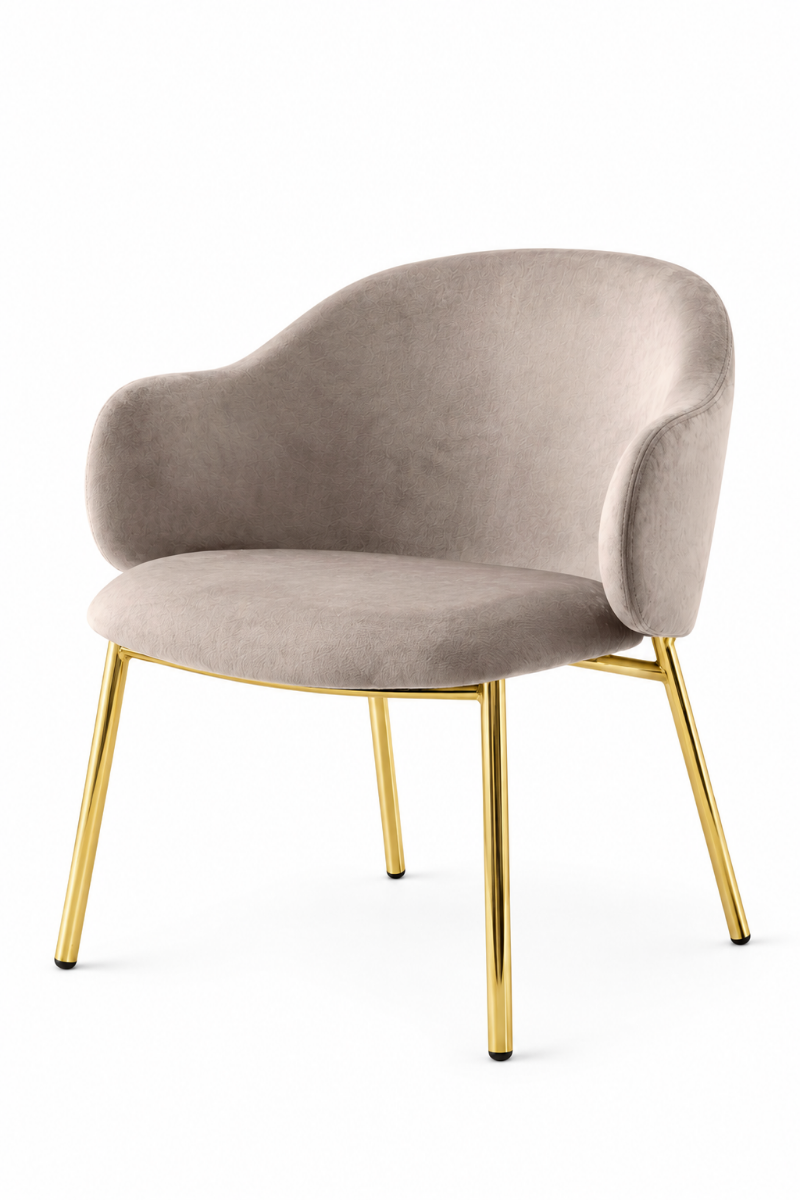 Compact πολυθρόνα Calligaris Holly Metal σε γκρι-μπεζ βελούδο με καμπύλη πλάτη και χρυσά μεταλλικά πόδια, πλάγια όψη