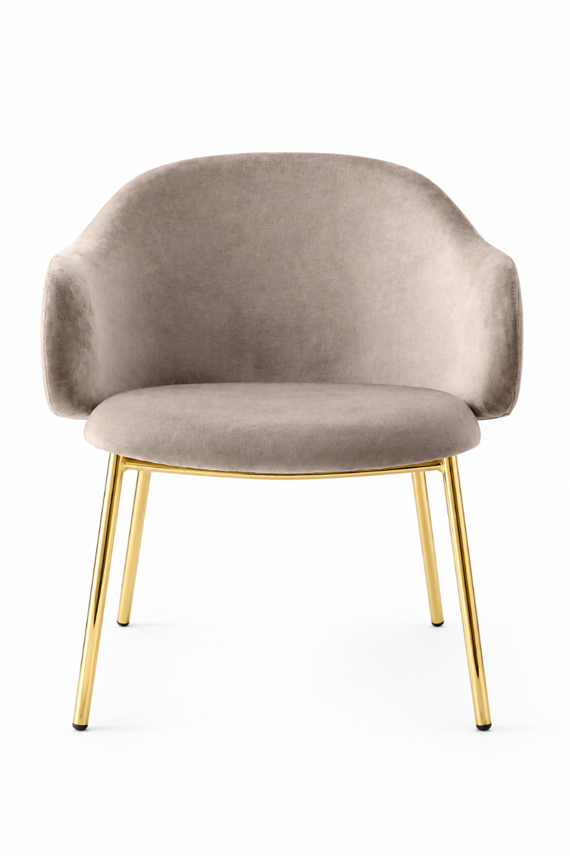 Μπροστινή όψη compact πολυθρόνας Calligaris Holly Metal σε γκρι-μπεζ βελούδο με χρυσά μεταλλικά πόδια