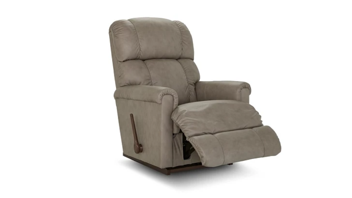Κουνιστή πολυθρόνα relax La-Z-Boy Pinnacle σε δέρμα taupe με ανοιχτό υποπόδιο