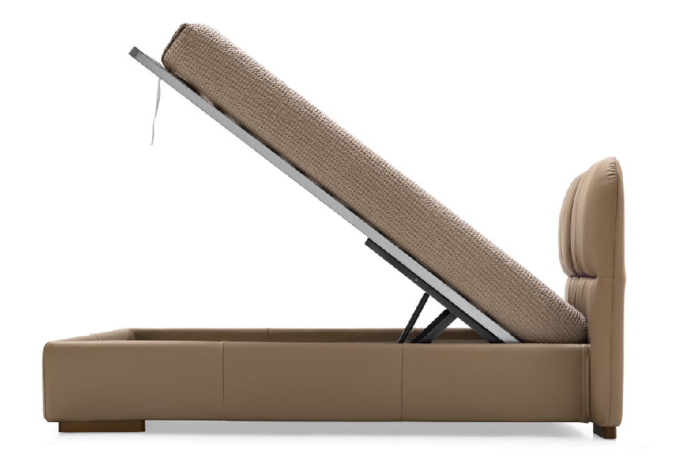 Κρεβάτι Calligaris με αποθηκευτικό χώρο σε απόχρωση taupe, με ανοιχτό μηχανισμό ανύψωσης και αμορτισέρ αερίου